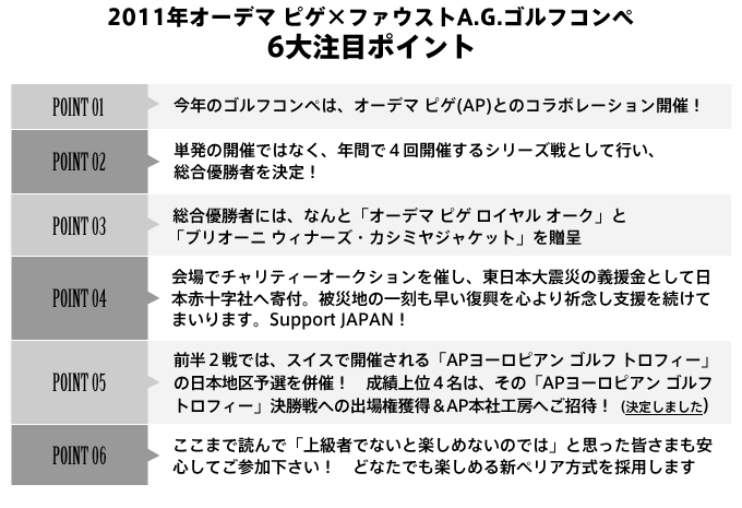 2011年オーデマ ピゲ×ファウストA.G.ゴルフコンペ　６大注目ポイント注目ポイント その１今年のゴルフコンペは、オーデマ ピゲ(AP)とのコラボレーション開催！注目ポイント その２単発の開催ではなく、年間で４回開催するシリーズ戦として行い、総合優勝者を決定！注目ポイント　その３総合優勝者には、なんと「オーデマ ピゲ ロイヤルオーク」を贈呈(検討中)注目ポイント その４会場でチャリティーオークションを催し、東日本大震災の義援金として日本赤十字社へ寄付。被災地の一刻も早い復興を心より祈念し支援を続けてまります。Support JAPAN！注目ポイント その５前半２戦では、スイスで開催される「APヨーロピアン ゴルフ トロフィー」の日本地区予選を併催！　成績上位４名は、その「APヨーロピアン ゴルフ トロフィー」決勝戦への出場権獲得＆AP本社工房へご招待！注目ポイント その６ここまで読んで「上級者でないと楽しめないのでは」と思った皆さまも安心してご参加下さい！　どなたでも楽しめる新ペリア方式を採用します