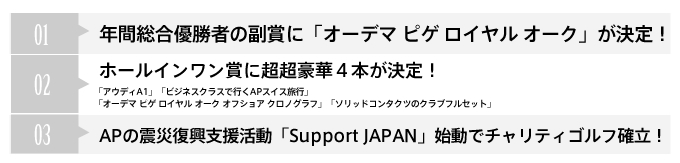 １ 年間総合優勝者の副賞に「オーデマ ピゲ ロイヤル オーク」が決定！  ２ ホールインワン賞に超超豪華４本が決定！ 「アウディA1」「ビジネスクラスで行くAPスイス旅行」「オーデマ ピゲ ロイヤル オーク オフショア クロノグラフ」「ソリッドコンタクツのクラブフルセット」  ３ APの震災復興支援活動「Support JAPAN」始動でチャリティゴルフ確立！